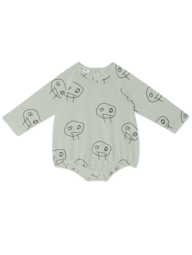 Another Fox Olive Freds Face Baby Bodysuit seen against a white background.