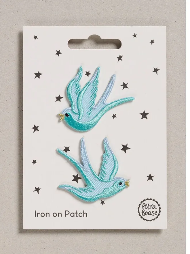 Blue swallows iron on embroidered fabric patches.