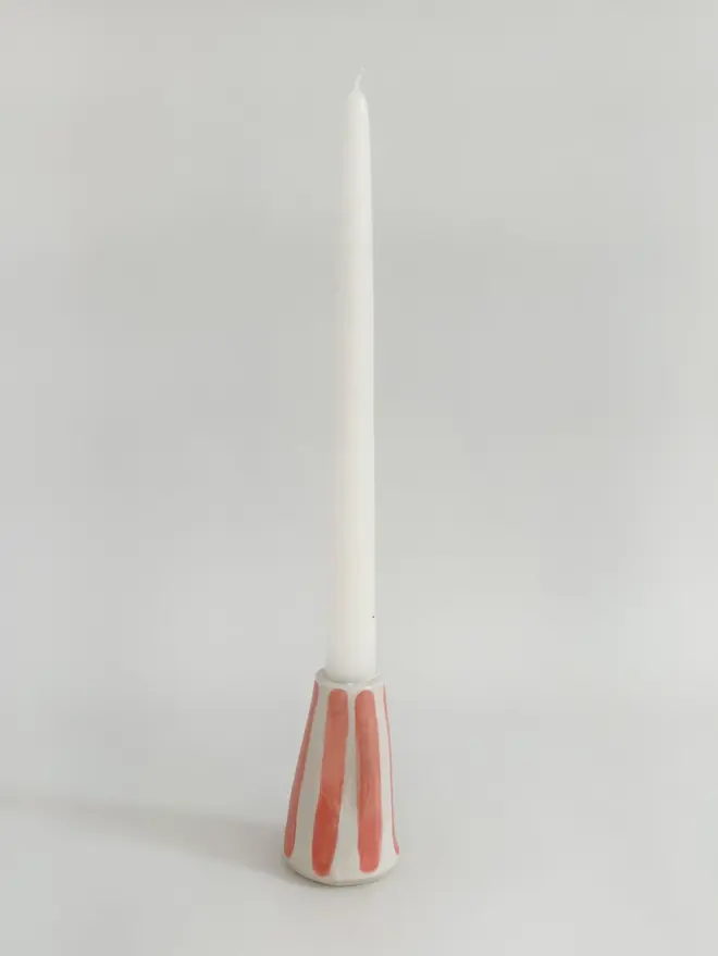 pink stripe wonky ceramic candlestick holder