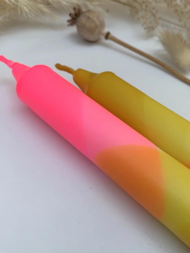 Neon Pink & Mustard Yellow Dinner Candles (Set Of 2)