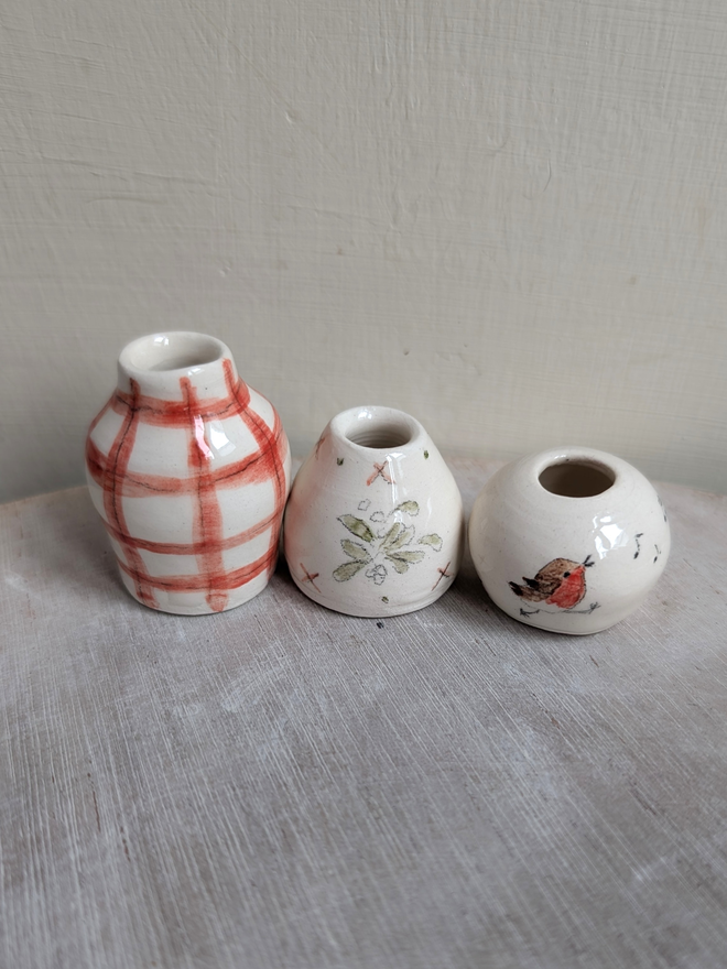 3 tiny vases in a row including Miniature robin vase with whistled musical notes hand painted mistletoe or red check  