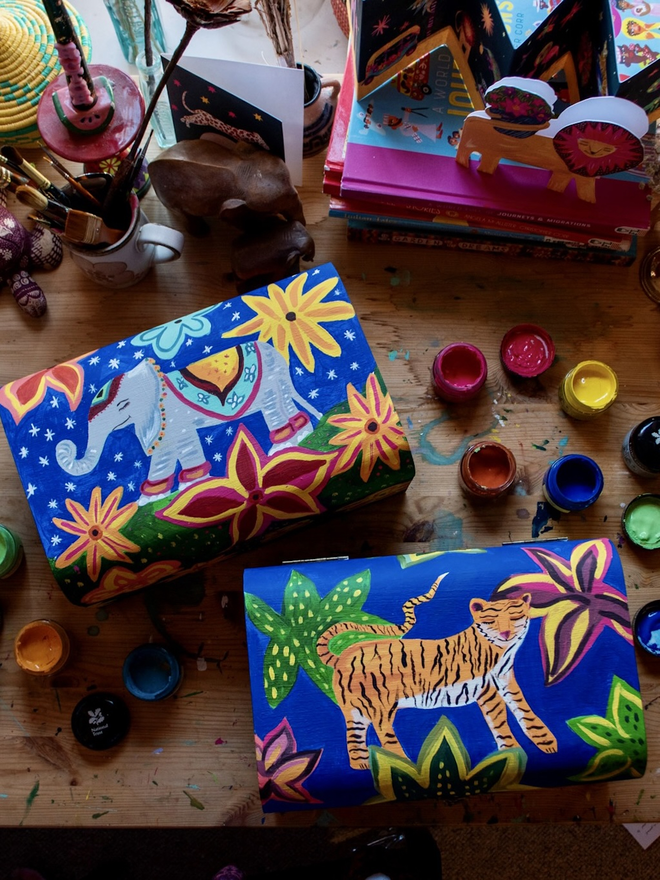 Tiger flower box alongside elephant box