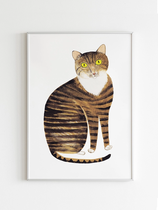 Charming art print of painted tabby cat illustration on quality off white paper. 