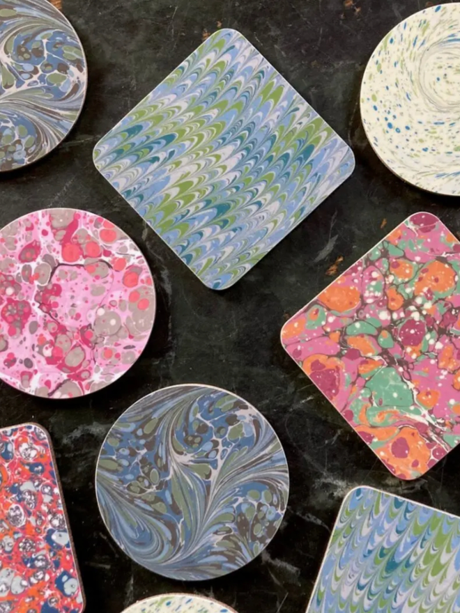 Square Coasters. A selection of coasters with the available colours shown.