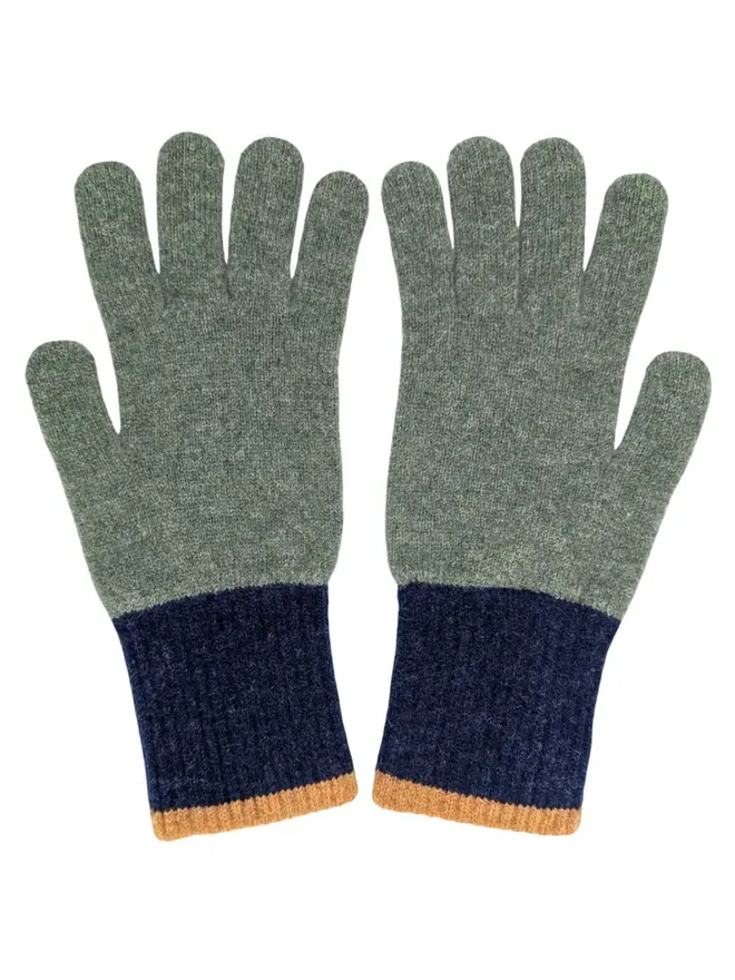 Block Lambswool Gloves, a pair of colourful gloves sitting on a plain white surface. 