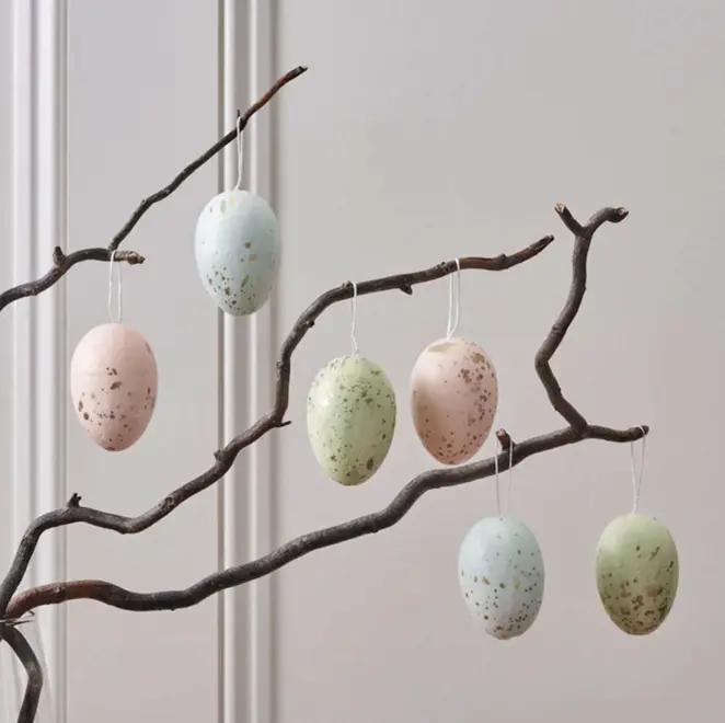 Set of 6 hanging decorative Easter Eggs, displayed on branches