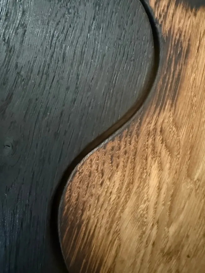 Close up of oak wood one Yakisugi the other lightly charrec