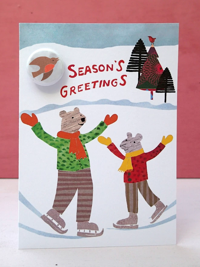 season's greeting card with mouse bear and robin