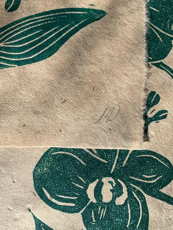 Lino Print Green Orchid On Handmade Paper