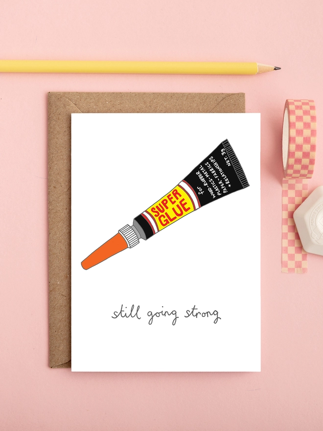 Funny and humorous anniversary, valentines or love card featuring super glue 