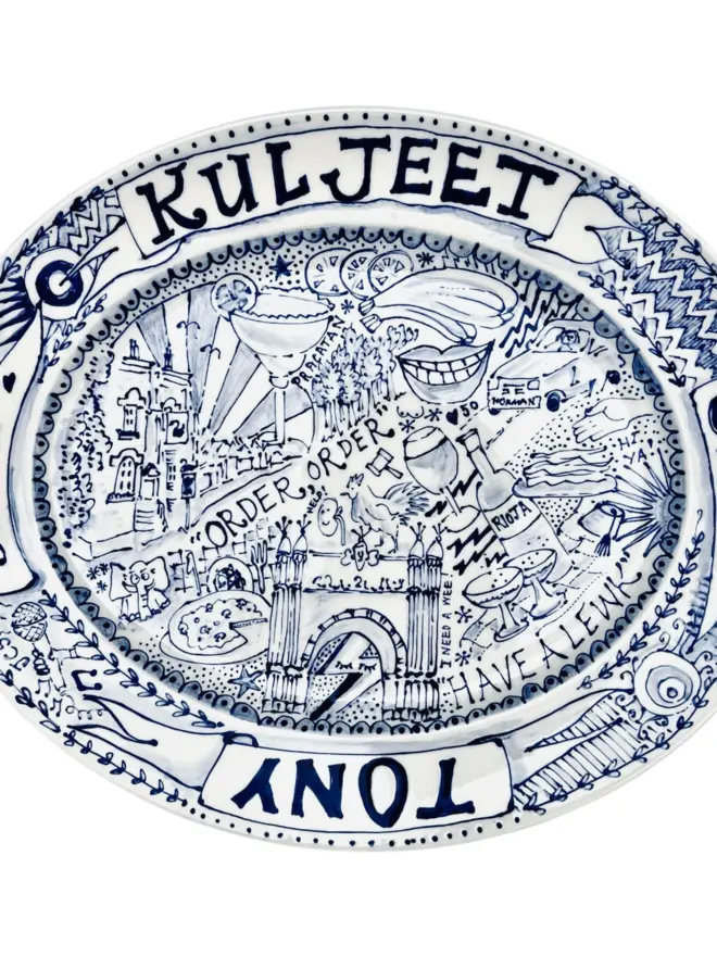 Family Platter for eating or art for the walls. Hand-drawn and painted with magic moments from your life. Big occasion plate for any event that will wow the recipient. Custom-made with love, in blue and white. 