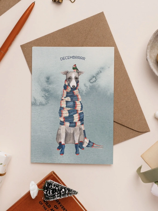 cold whippet in scarf christmas card