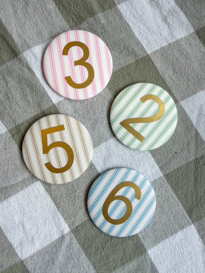 Ticking Stripe number birthday badges in pink, blue, beige and green