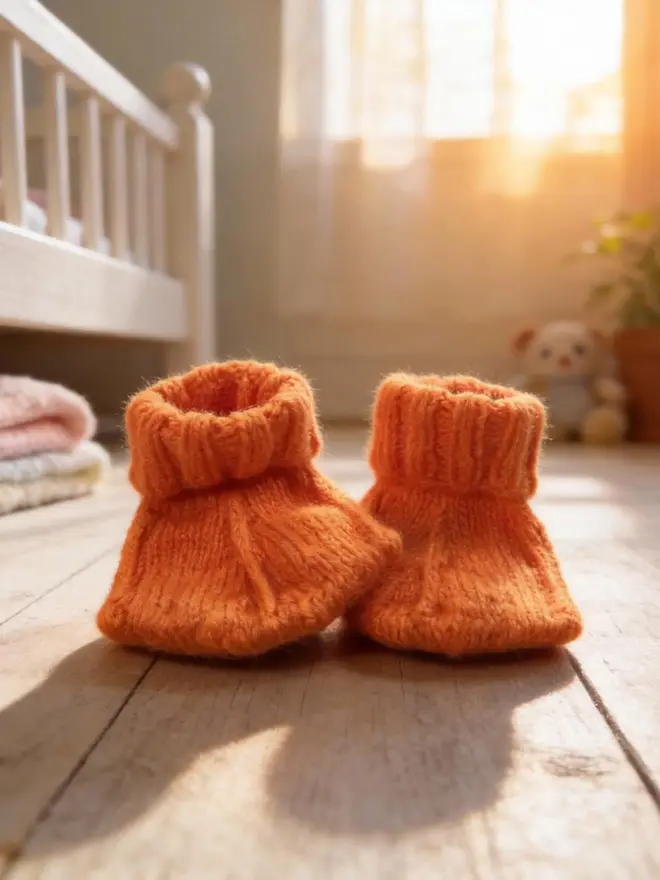 Duck feet knitted socks in orange on a wooden floor background in a room set up