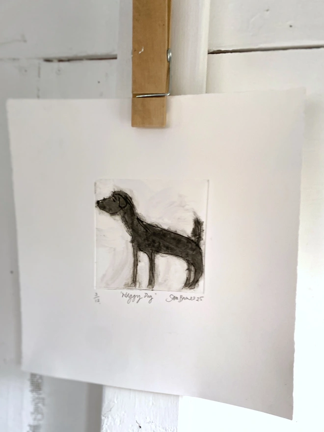 Waggy Dog'. Handmade Drypoint Drawing by Samantha Barnes