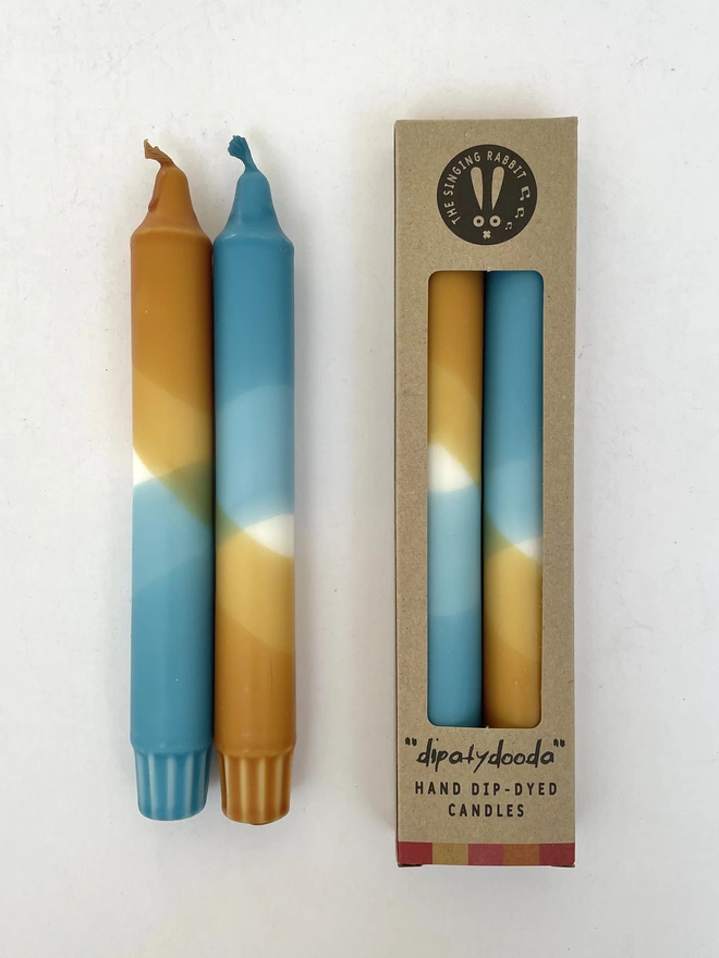 Caramel & Hawaiian Blue Dip Dyed Dinner Candles (Set Of 2)