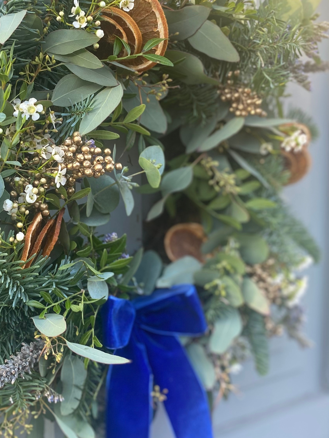 Christmas Marmalade Wreath with Eucalyptus, Pine and Orange Slices, Blue Velvet Bow
