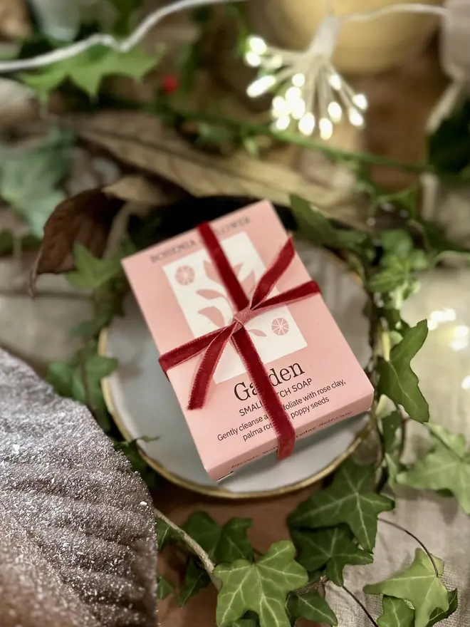 Floral Soap Gift – Garden & Mountain bars tied with wine-red velvet ribbon, sustainable vegan Christmas gift