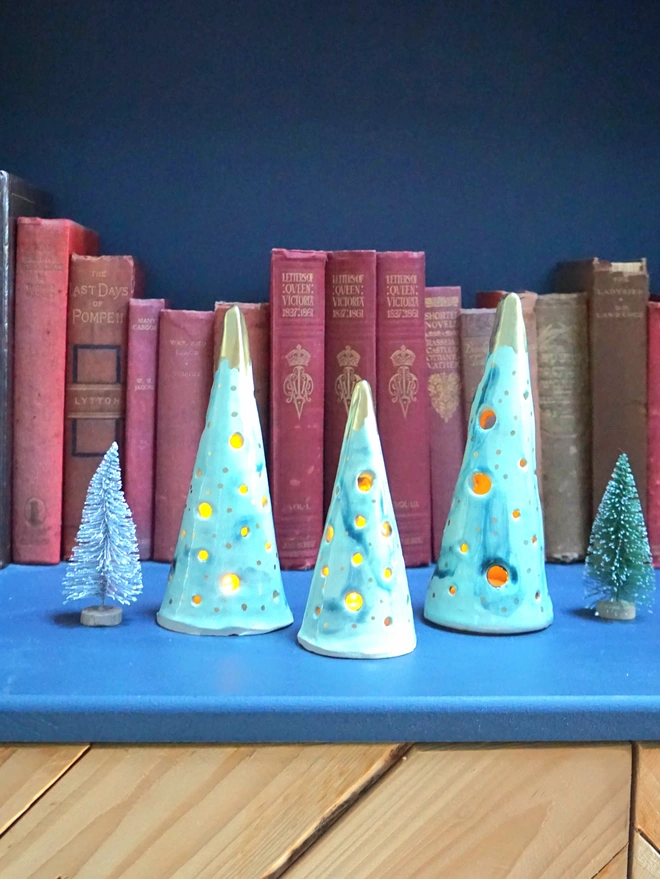 christmas tree lanterns, christmas tea light lanterns, christmas accessories, christmas lights, christmas trees lanterns, ceramic tree lanterns, ceramic christmas tree decorations, ceramic christmas trees, Jenny Hopps Pottery, green ceramic trees with gold 