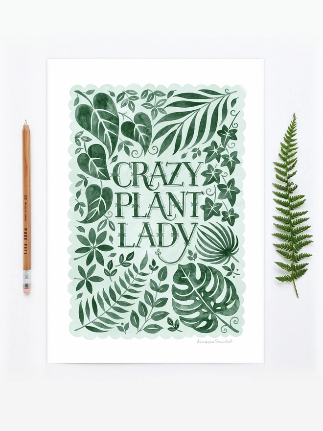 green crazy plant lady watercolour print unframed with fern and wood pencil