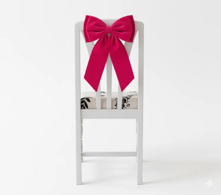 upcycled dining chair decorated at the back with an oversized bow for a special occasion dining setting on white background