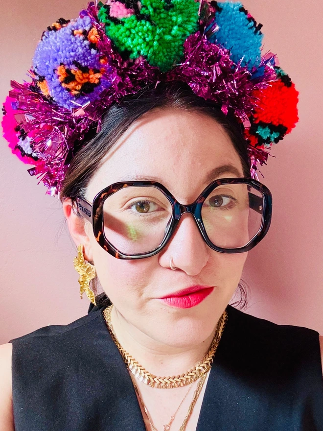 Leopard print Pom Pom festival headband festival Pom Pom tinsel headband bright headband rainbow headband pink tinsel 