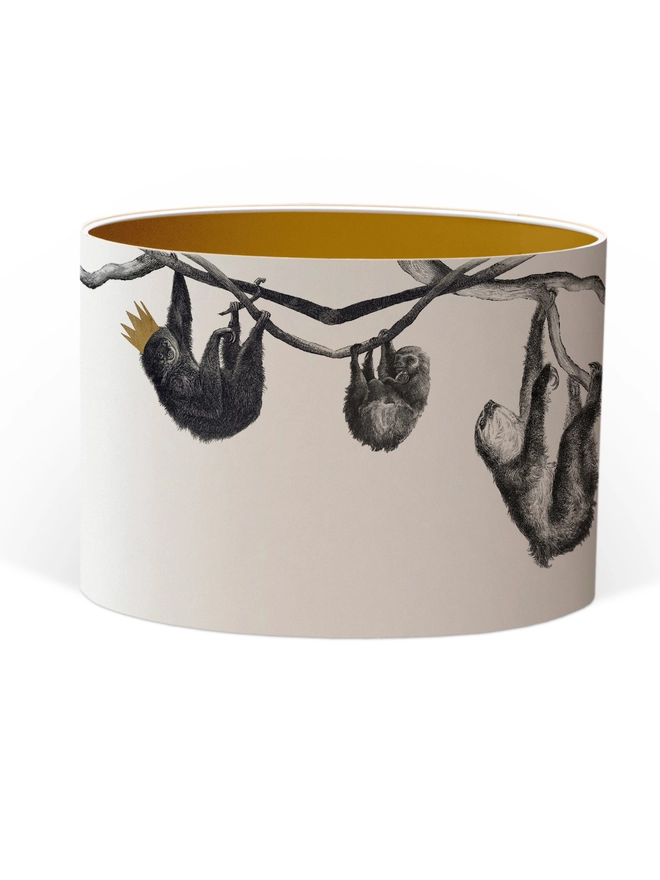 Drum Lampshade featuring Sloths with a Gold inner on a white background