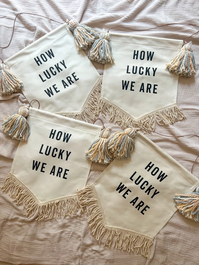 How Lucky We Are decorative wall hanging banner with tassels