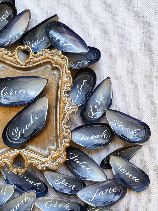 Real Mussel shells with names written by hand in white ink