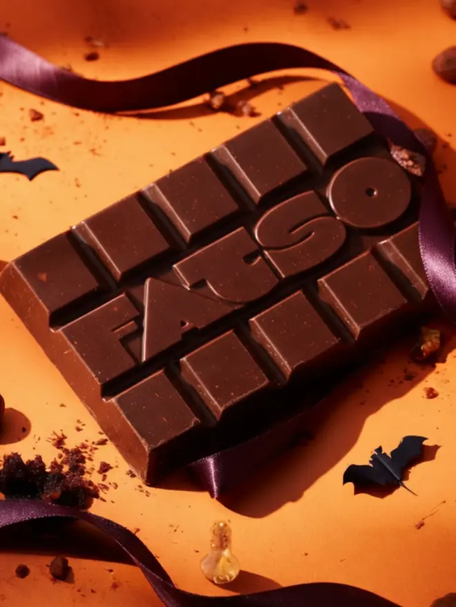 FATSO Dark Chocolate Bar, one unwrapped bar of our chunky dark chocolate spelling FATSO.