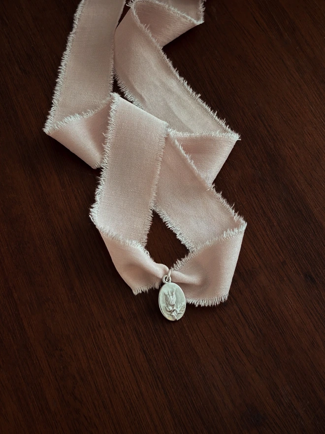 Herb Robert Medal Charm with pink ribbon choker