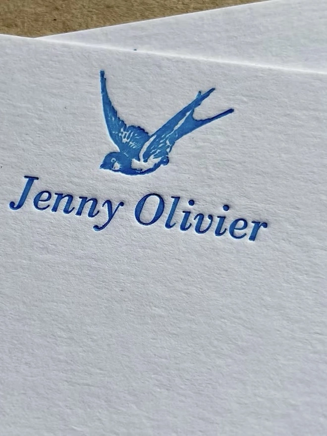 Personalised Swallow Correspondence Cards (Set Of 10, 20), white correspondence card with personalised blue name and swallow icon. 
