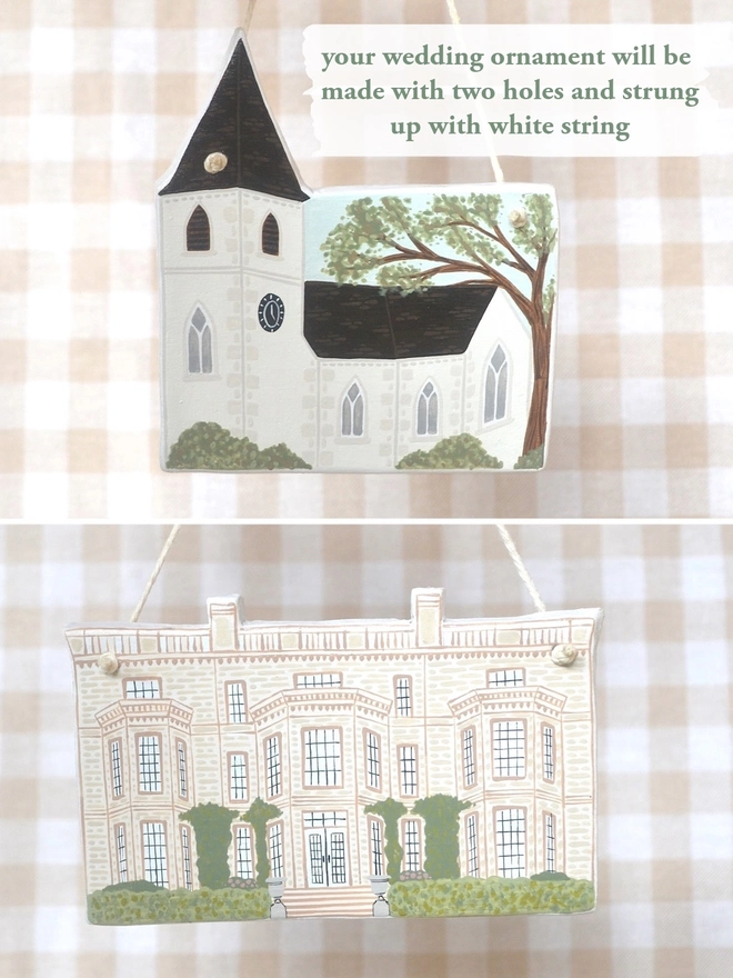 clay hanging design in the shape of a white church with gingham background
