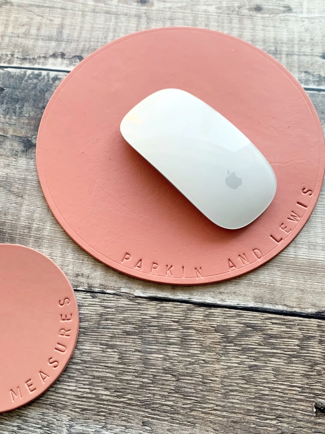 salmon pink mousemat, personalised and made to order.