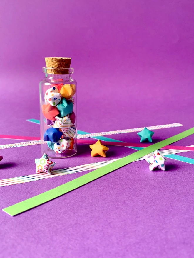 Handmade Origami Rainbow Lucky Stars In Mini Glass Bottle