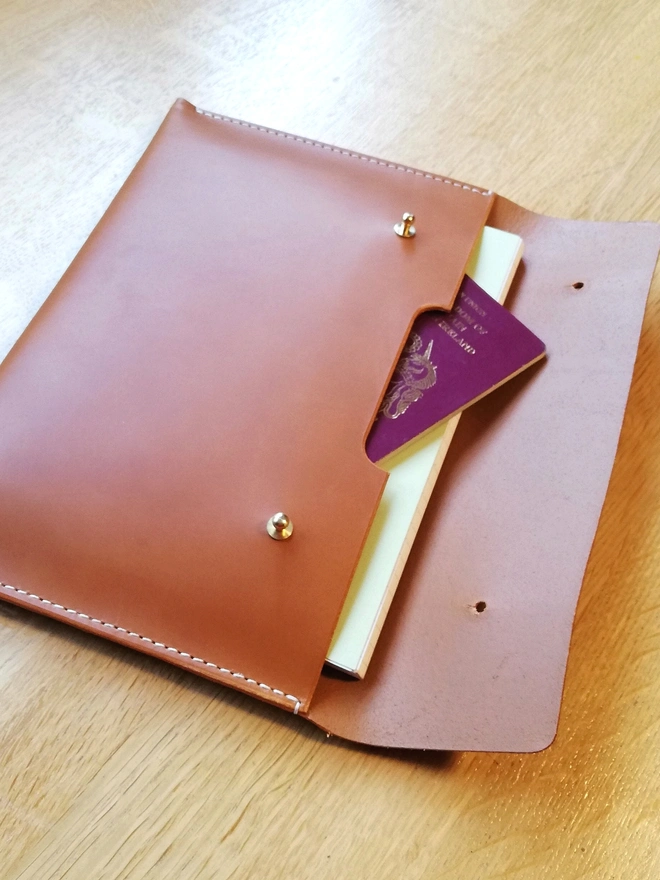 Brown leather travel case holding passport