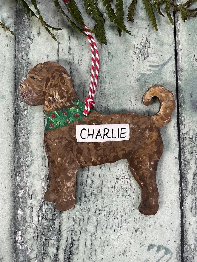 Labradoodle Christmas Portrait Decoration personalised with the name Charlie