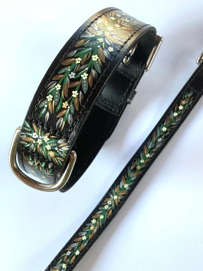 hand panted leather floral matching collar and lead