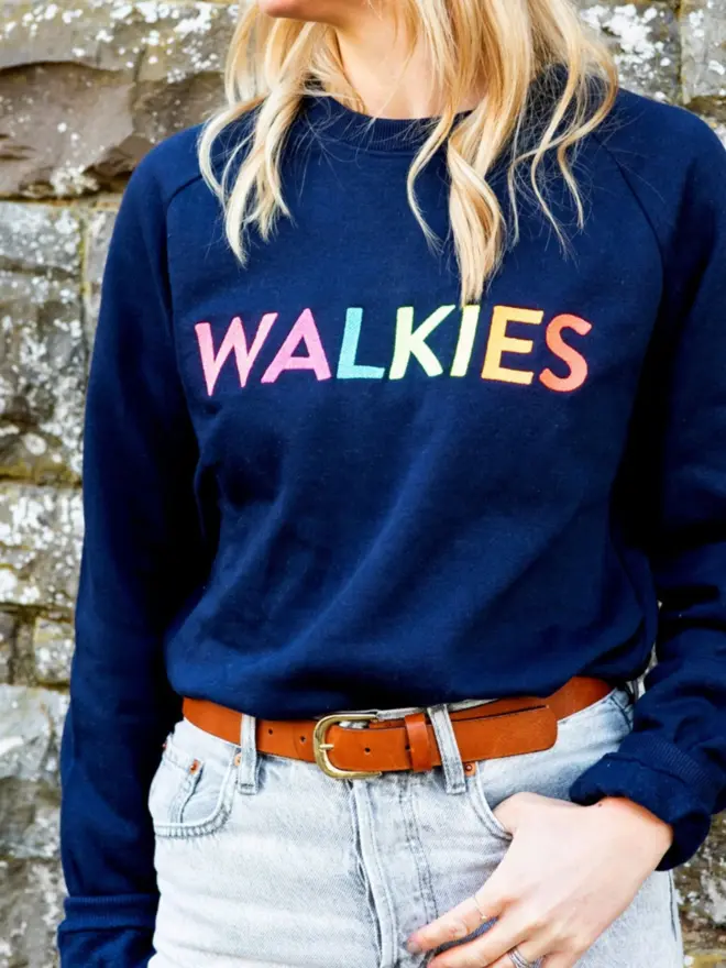 Navy WALKIES sweater on a model