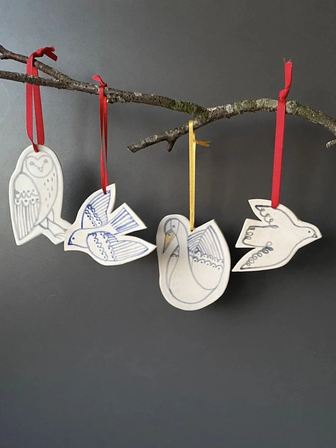 Handmade Stoneware Bird Christmas Ornaments