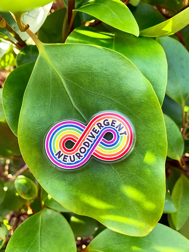 image shows an acrylic badge in the shape of a rainbow stripe infinity loop. printed across the loop is the word 'Neurodivergent'. 