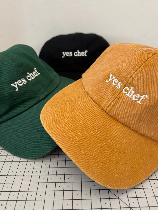 Yes Chef cap in Classic Cotton Black, Bottle Green and Vintage Canvas Mustard