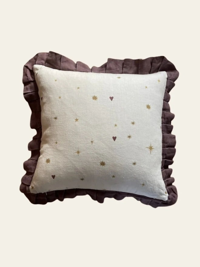 'Love Cloud' Linen Ruffled Cushion Cover, a cushion cover with a cloud motif on it sitting on a plain backdrop. 