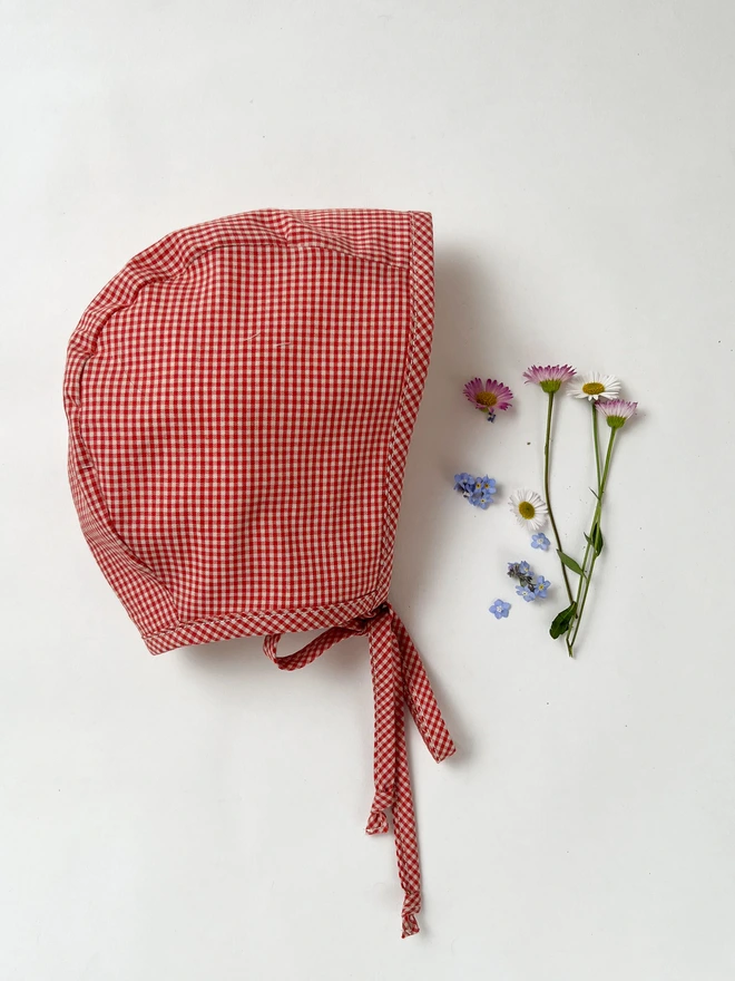Red Gingham Organic Cotton Baby Bonnet