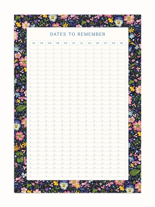 Recurring Dates Calendar. Floral print Perpetual calendar and organiser for studios, home offices, and workspaces. Great for annual recurring occasions. Botanical Pressed Flower Design which makes a beautiful nature-themed stationery gift.