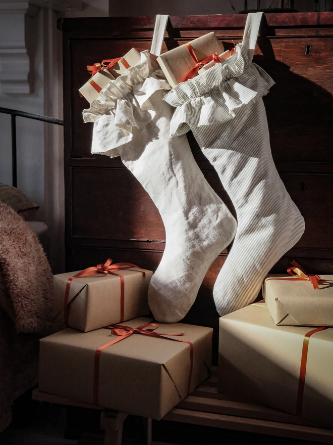 Linen ruffle christmas stockings