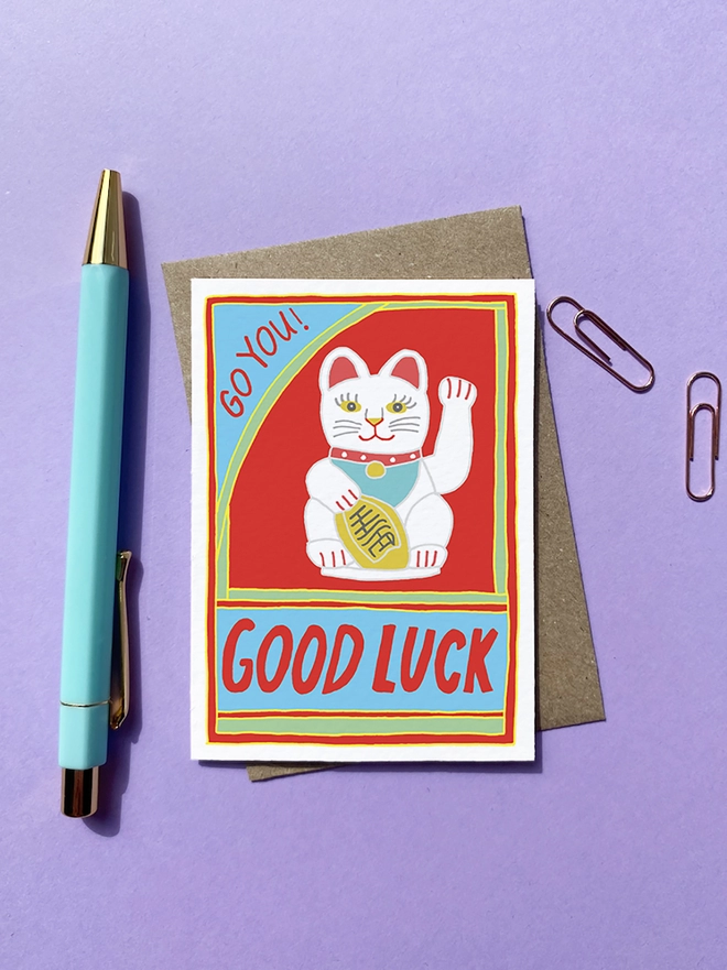 Good luck mini greeting card with Chinese waving cat