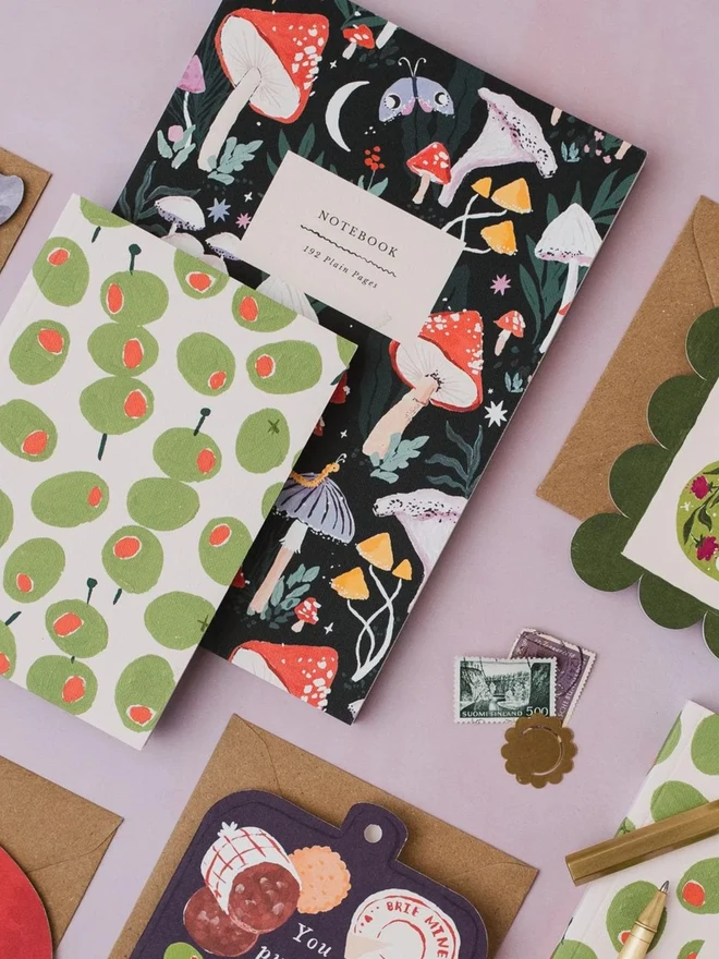 Mushrooms Notebook with the Olives Notebook and cards