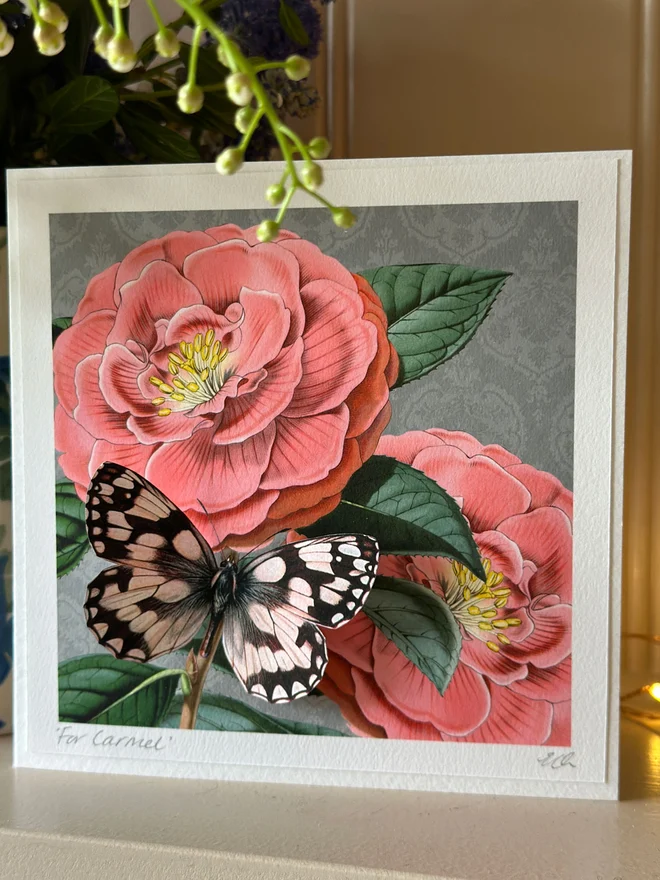 Mother’s day card, showing with a beautiful, pink Camellia flowers with a white butterfly. The card can be personalised on the bottom left corner. The camellias are against a stylish grey background. Sitting on the flower is a white butterfly. The butterfly is 3 dimensional and the wings can be folded open for display. The card is sitting on a dresser displayed in the home setting.