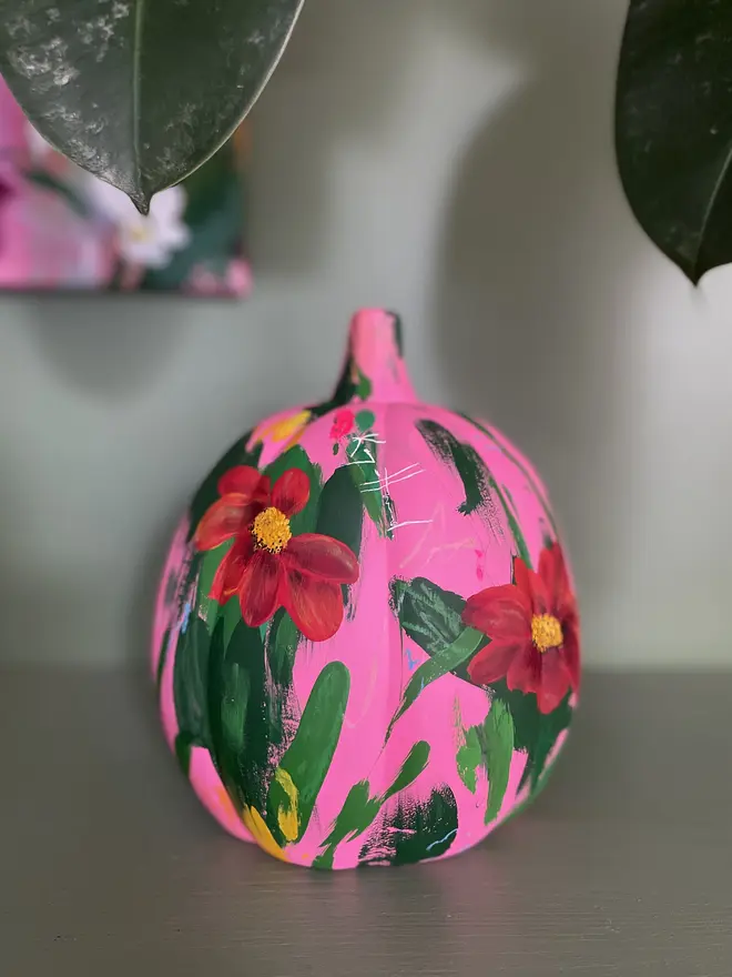 hand painted ceramic floral halloween pumpkin bright pink orange red Mexican sunflowers